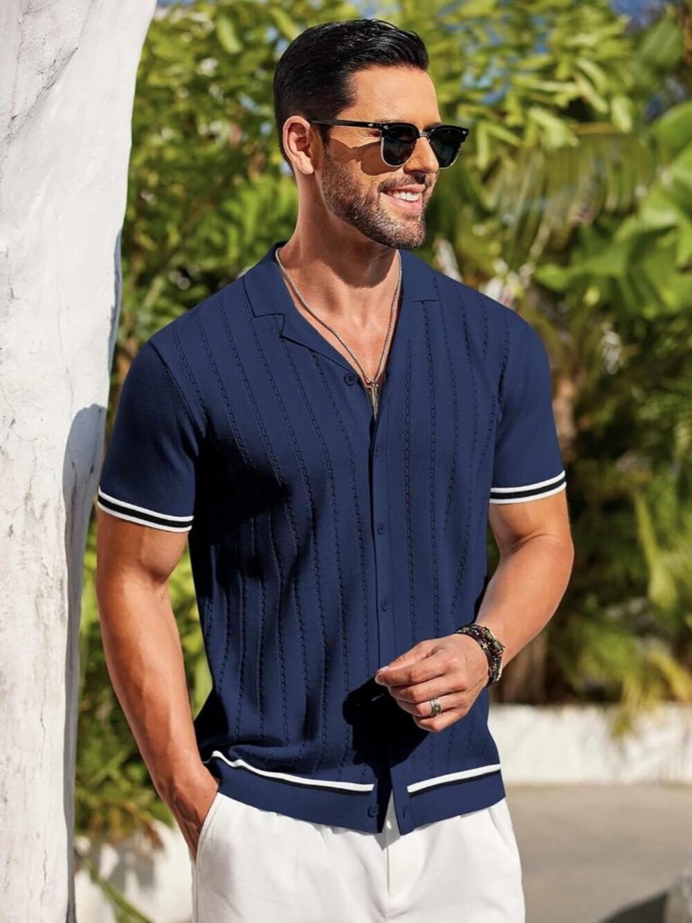 Men's Navy Blue Short Sleeve Knit Casual Button Down Vintage Striped Top Shirt - Picture 4 of 5